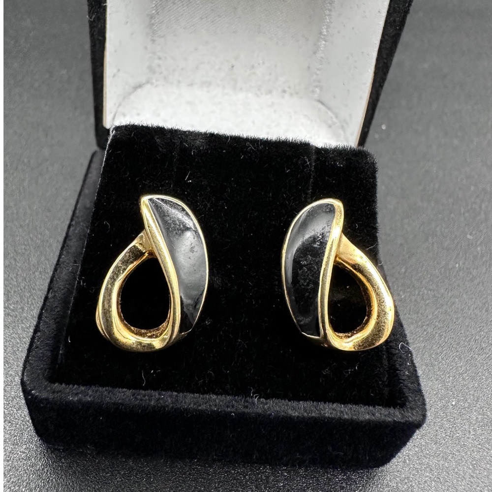 Trifari Vintage Door Knocker Earrings Gold Black Enamel OS